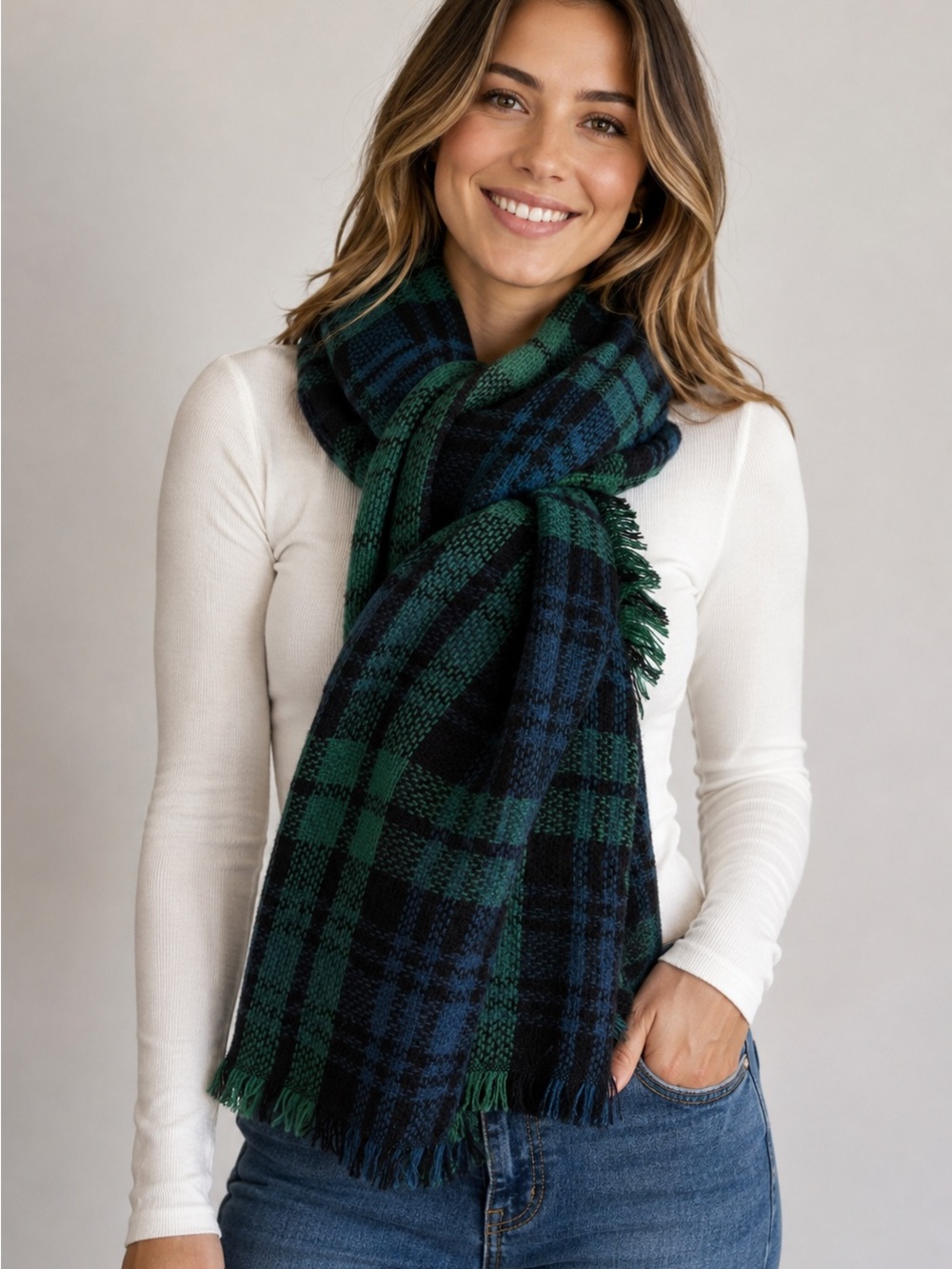 ModCloth Loch & Key Blanket Scarf Classic Blue Green Tartan Plaid Oversized Wrap